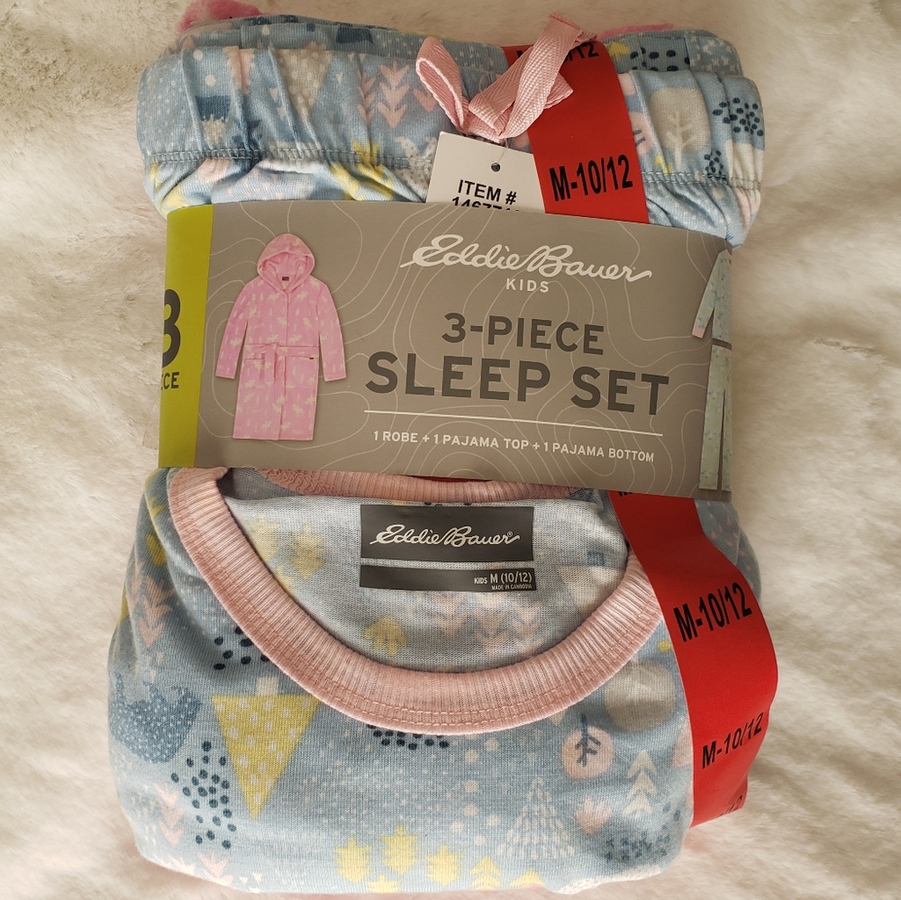 Eddie Bauer Kids NWT 3-Piece Sleep Set Girls Pink and Light Blue Size M 10/12